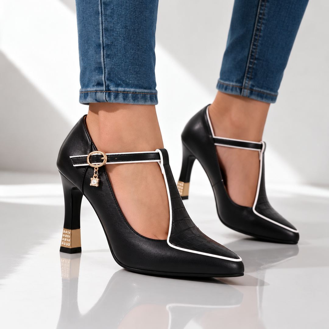 Bellagio Croc-Embossed T-Strap Heels